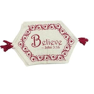 Off white burlap placemats with red script "Believe ~ John 3:16" (set of 4)